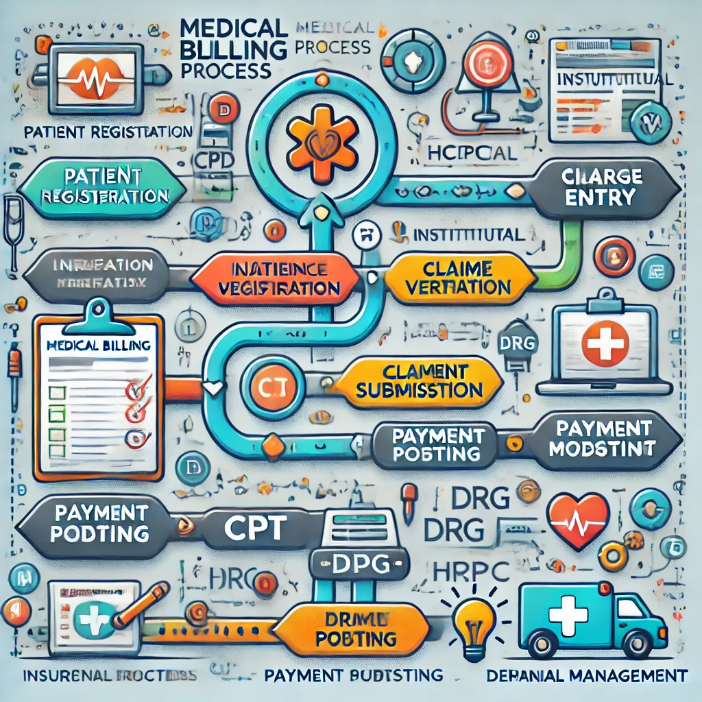 A detailed illustration of the medical billing process, showing key steps like patient registration, insurance verification, charge entry, claim submission